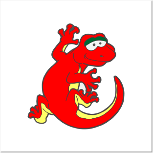 Red Toddler Cartoon Gecko Lizard Hanging On Posters and Art